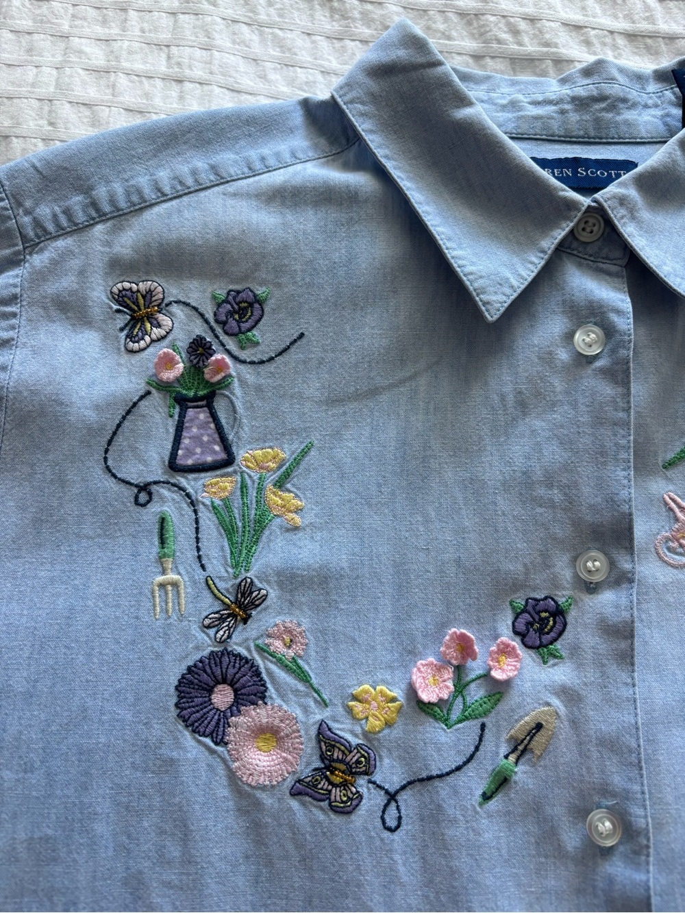 Karen Scott Embroidered Chambray Shirt – Floral Garden Design